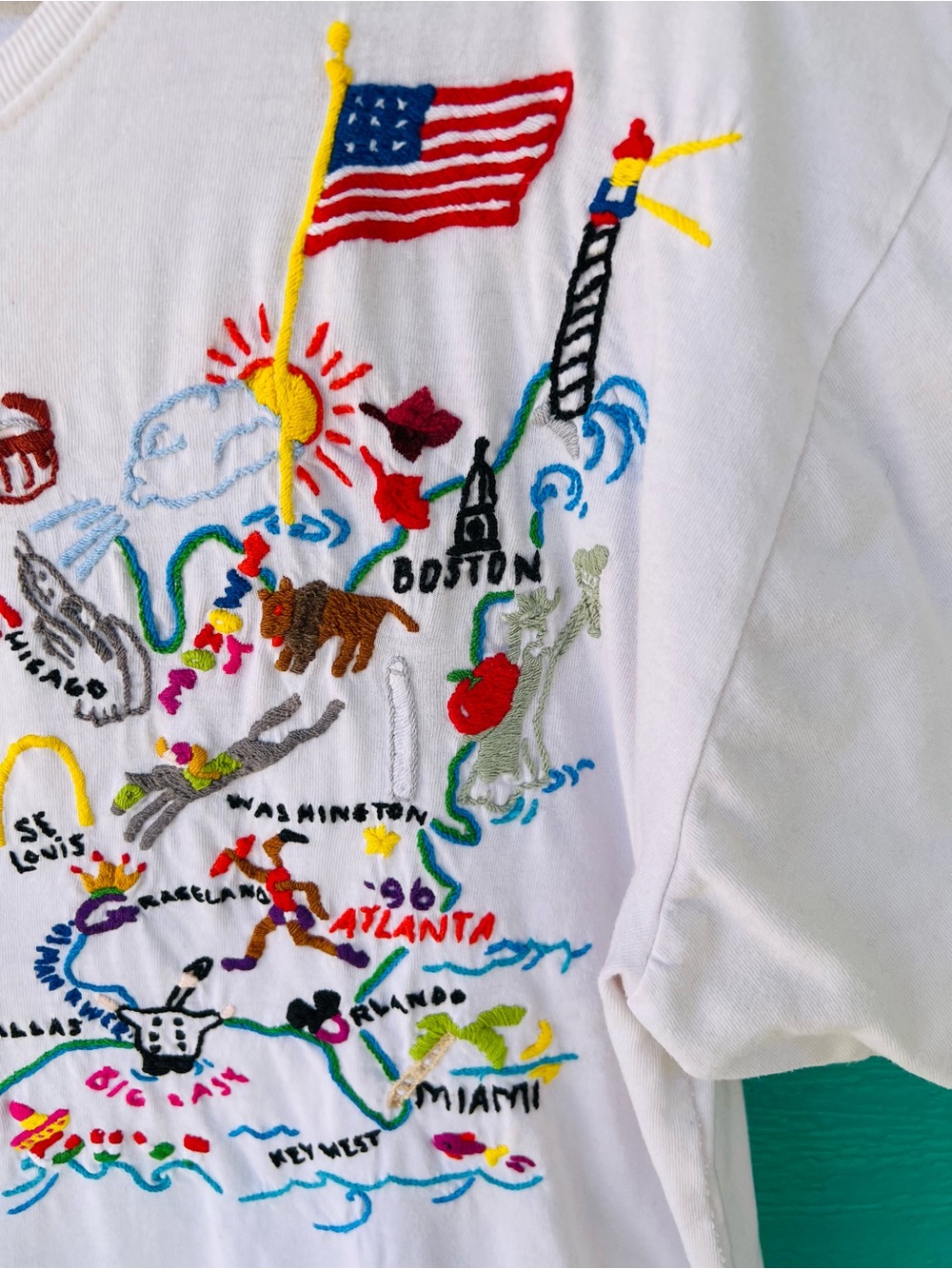 Vintage 90s Swan Magic America The Beautiful Hand Embroidered Map Tee SIZE LARGE - Picture 4 of 8